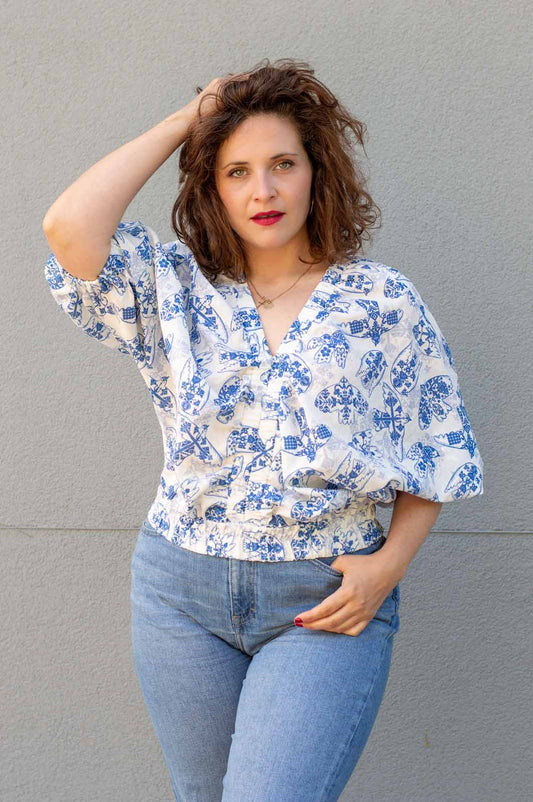 Linen top with puff sleeves Birds