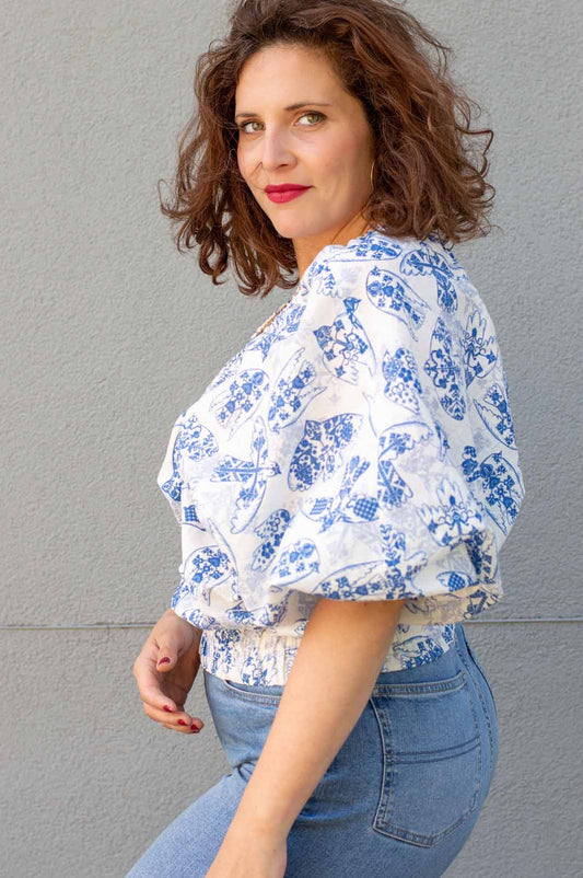Linen top with puff sleeves Birds
