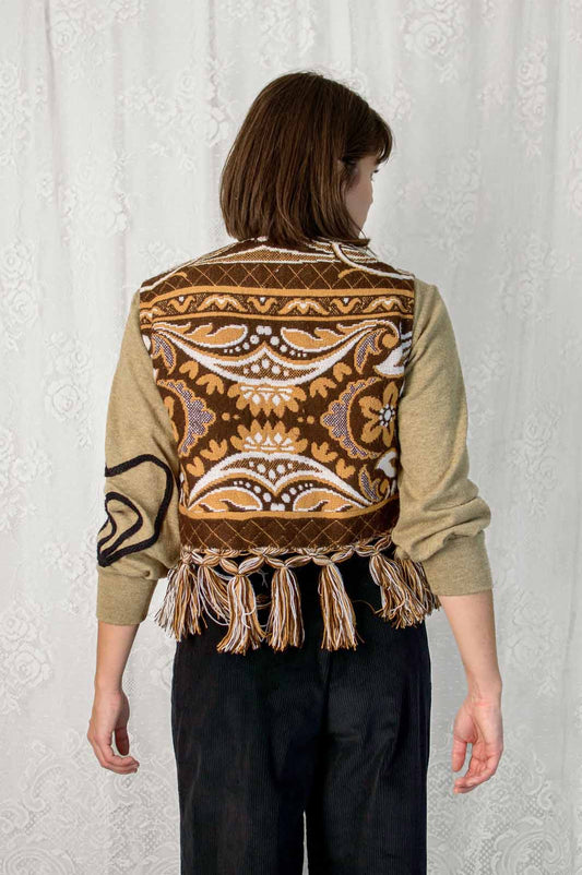 Artisanal tapestry vest with fringe