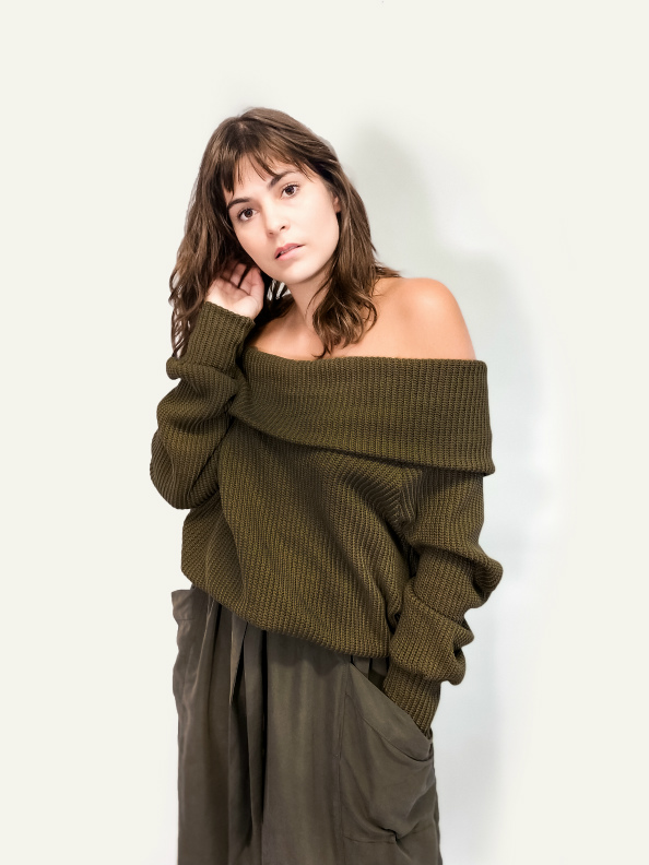 jkh julia kaja hrovat off the shoulder chunky knit sweater olive green